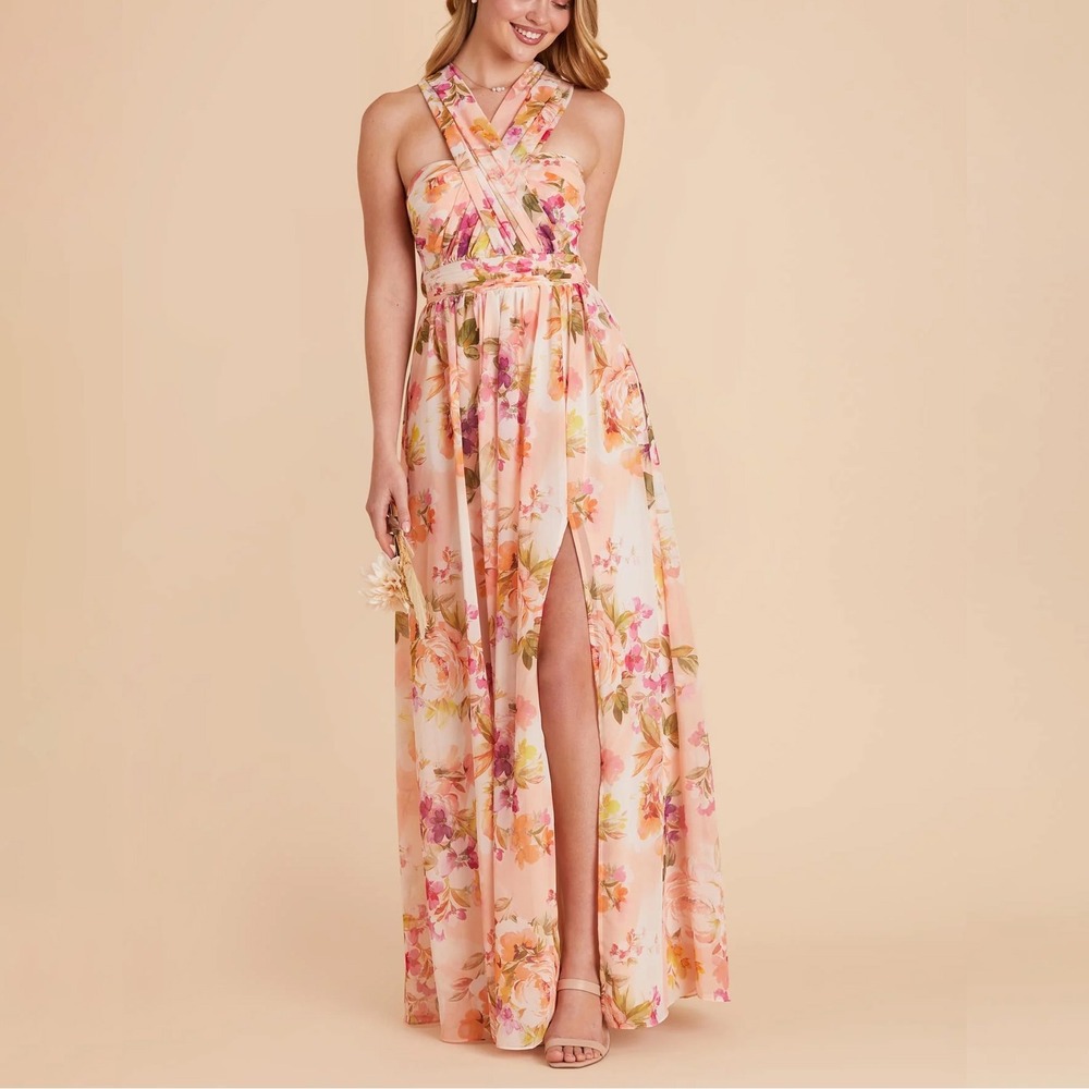 Birdy Grey NEW Grace Convertible Maxi Dress Sz S Coral Sunset Peonies Floral